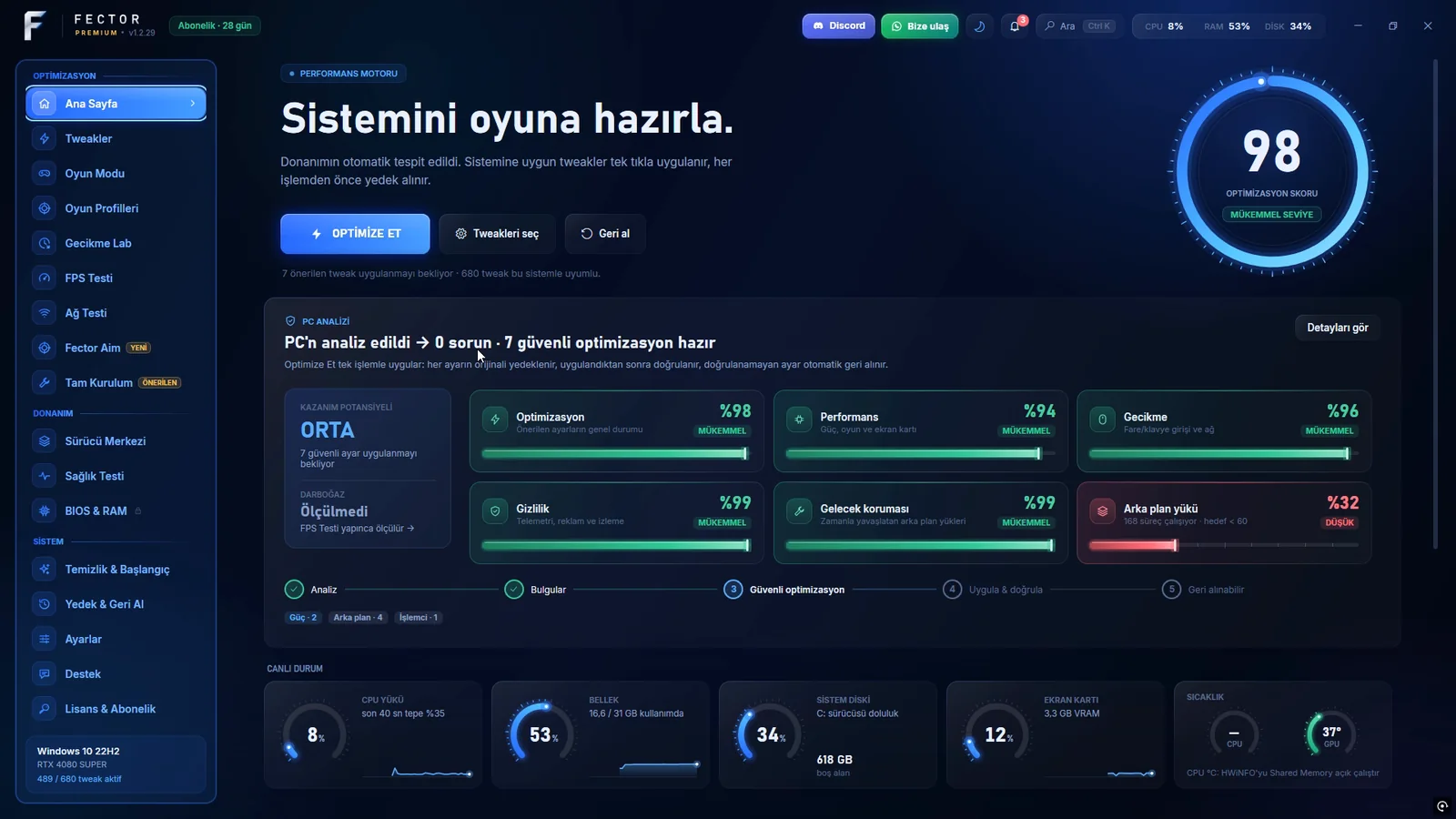 Fector uygulaması ana ekranı: Sistemini oyuna hazırla