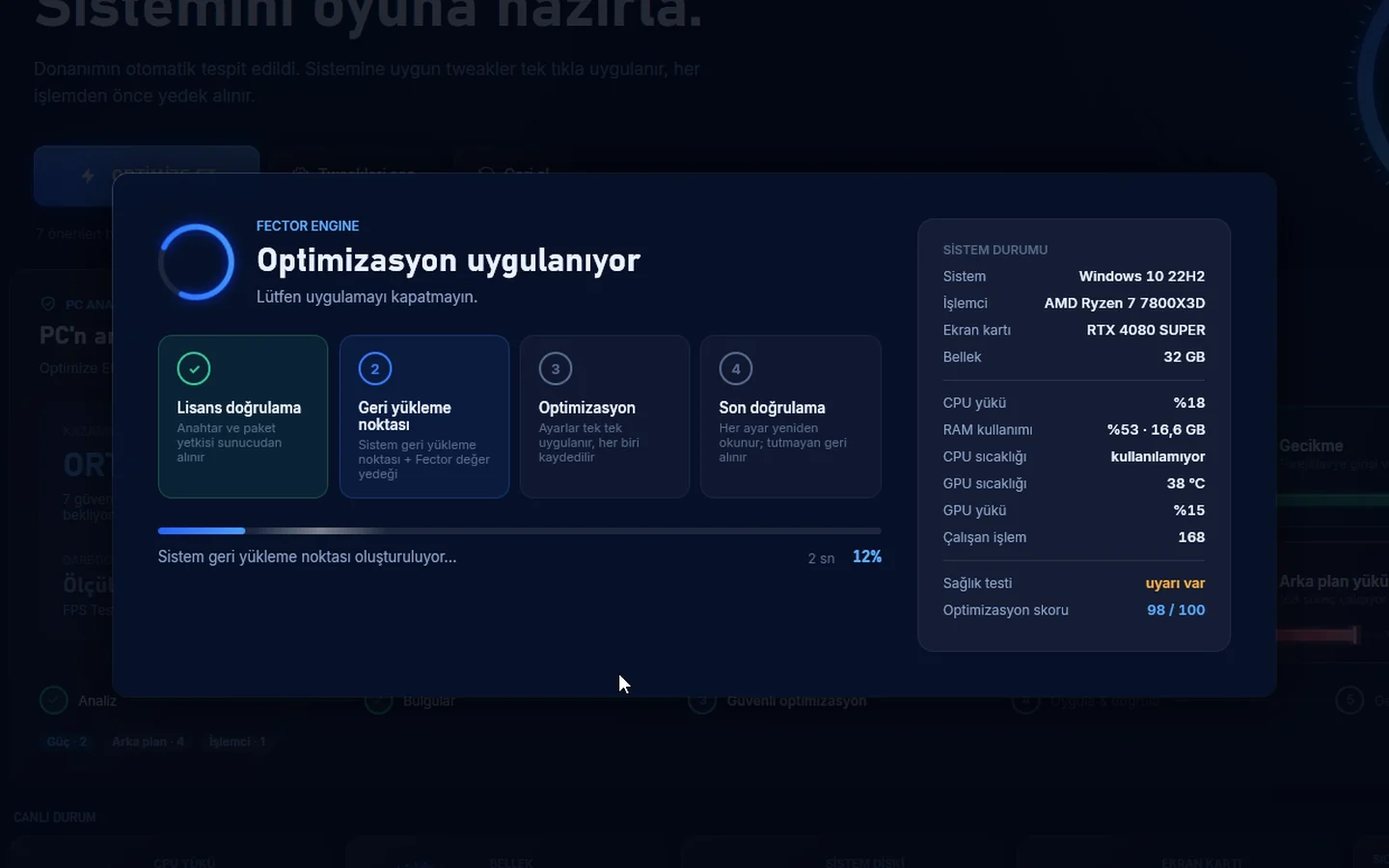 Fector optimizasyon uygulanıyor ekranı