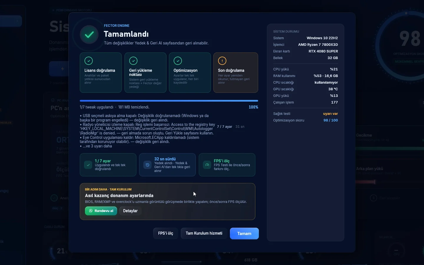 Fector optimizasyon tamamlandı ekranı
